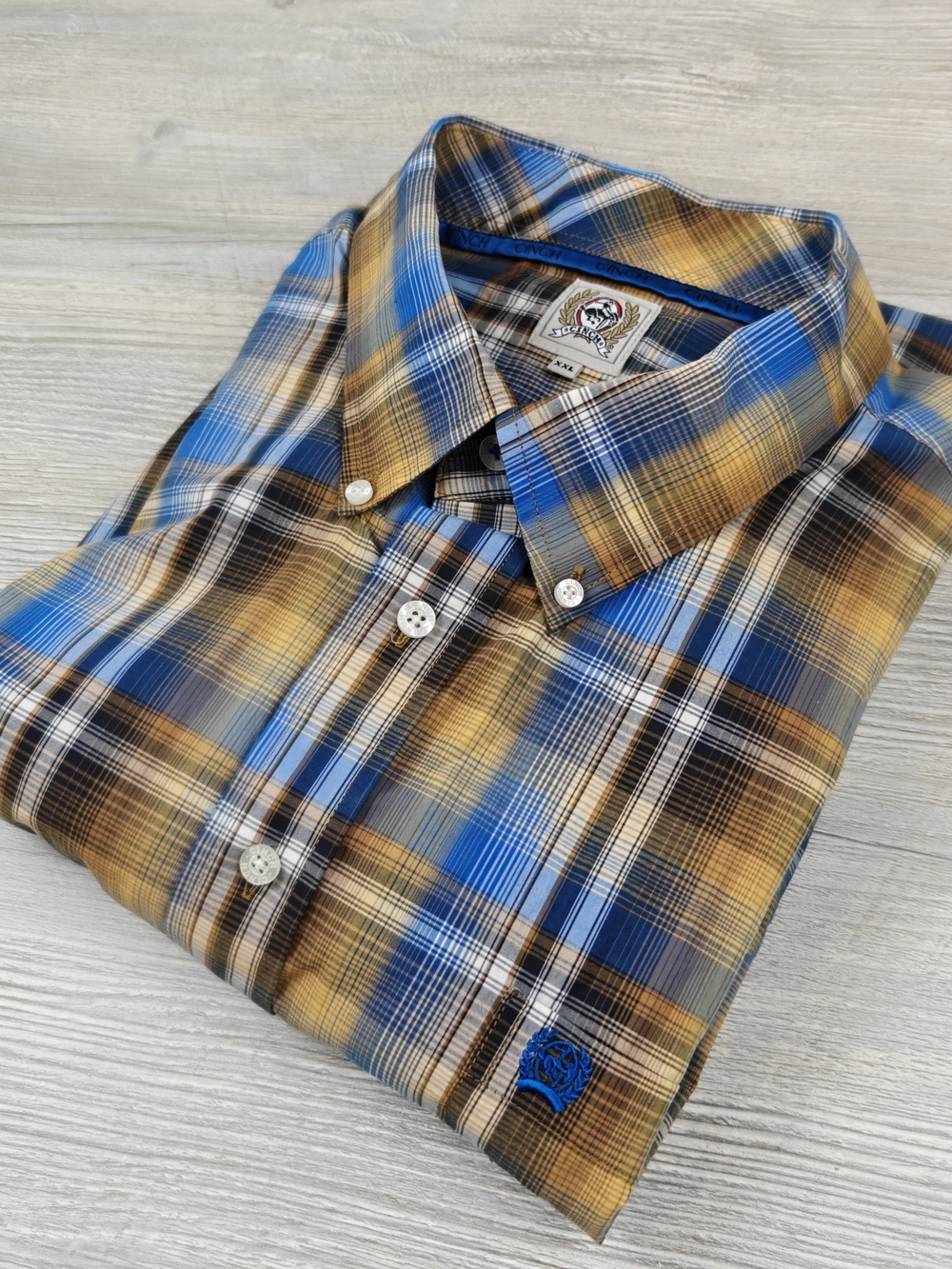 Cinch Mens XXL Blue Gold Plaid Western Shirt Button Down Long Sleeve 100% Cotton